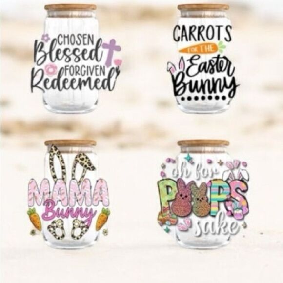 Set of 4 Easter  Glass Cups with Lids and Straws - 16oz Can Shaped cups - Picture 1 of 2